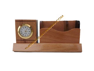 Hộp lọ cắm bút gỗ có đồng hồ và khay đựng namecard