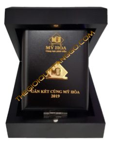 Hộp gỗ quà tặng đính logo vàng sang trọng