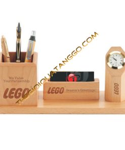 Hộp lọ cắm bút gỗ có khay namecard và đồng hồ