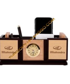 Hộp lọ cắm bút gỗ nhiều ngăn có đồng hồ sang trọng