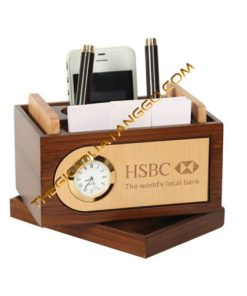 Hộp lọ cắm bút gỗ Walnut cao cấp kết hợp đồng hồ để bàn