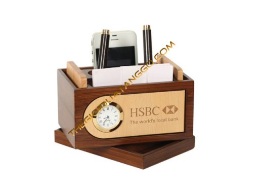 Hộp lọ cắm bút gỗ Walnut cao cấp kết hợp đồng hồ để bàn