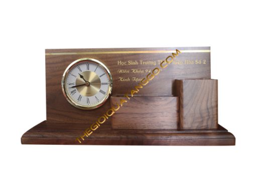 Hộp Lọ Cắm Bút Gỗ Walnut Sang Trọng Có Đồng Hồ