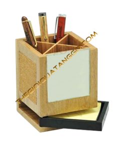Lọ Cắm Bút Gỗ và Khay Đựng Giấy Note